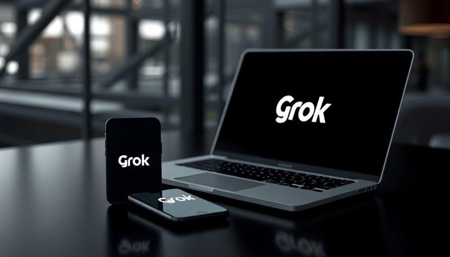 Grok 4 AI subscription logo on phone and laptop in dark setting.
