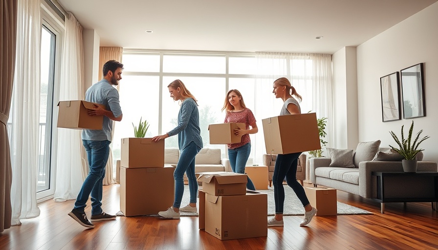 Young adults moving boxes in a bright apartment, discussing furniture arrangement.