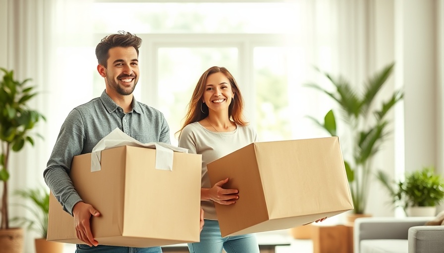 Smiling couple moving boxes in bright room, mortgage pre-approval process.