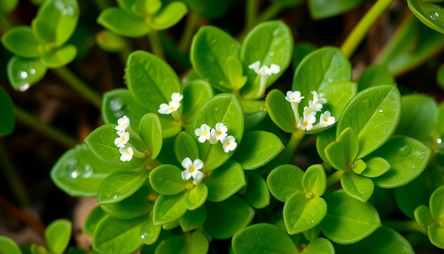 Bacopa plant with green leaves and white flowers in a garden.