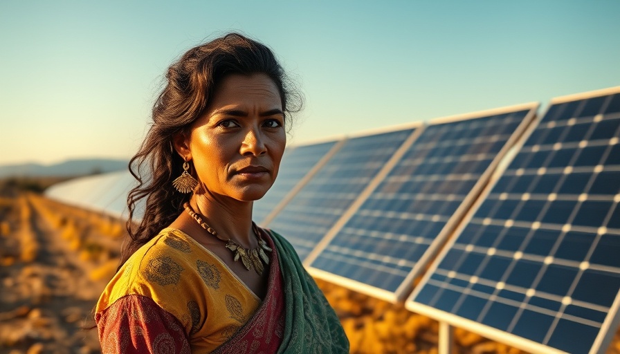 Determined woman by solar panels symbolizing climate tipping points.