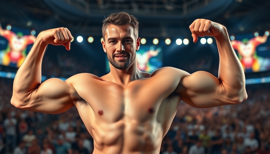 Man confidently flexing, photorealistic sports event scene.