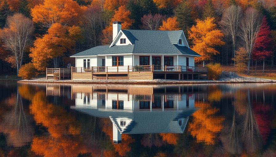 Charming lakeside house reflecting in tranquil water, buying a lake house.