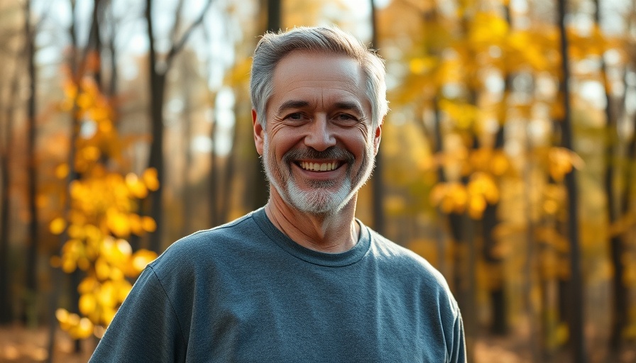 Smiling man outdoors in forest setting, sustainable practices in paper industry.