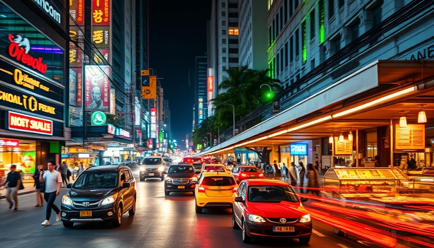 Urban Bangkok street alive with traffic, lights, and market bustle.
