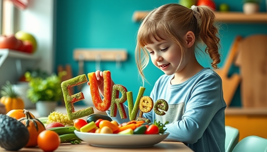 Young girl arranging made in Europe fruits and vegetables on plate.