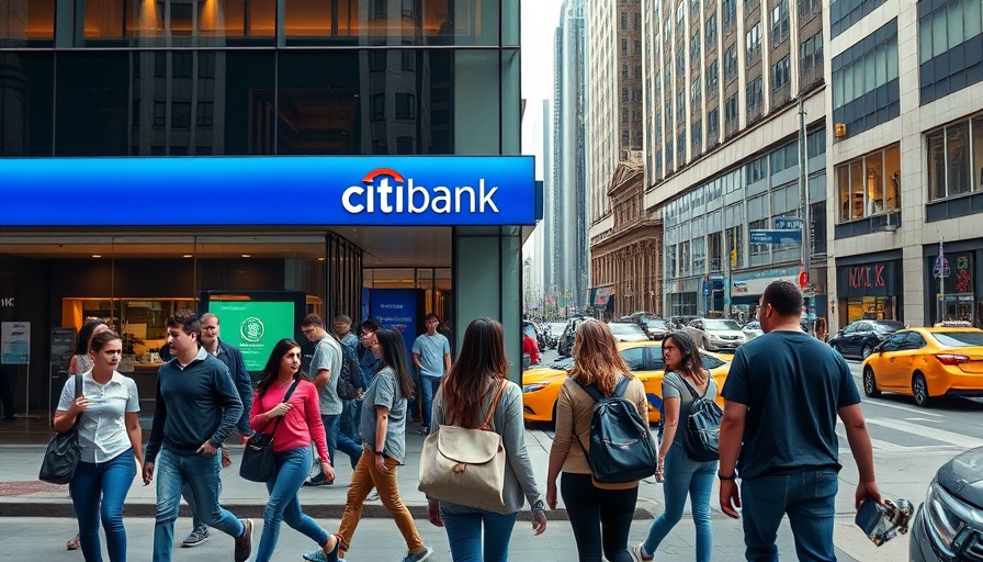 City pedestrians passing Citibank branch reflecting urban hustle.