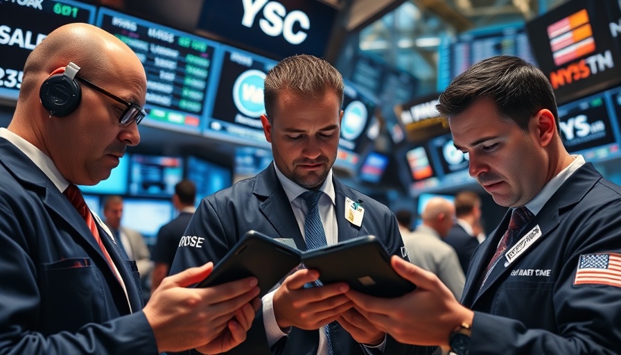 Stock traders focused in bustling exchange, analyzing data.