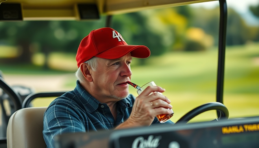 Man enjoying Coke with real sugar in a golf cart on a green course.