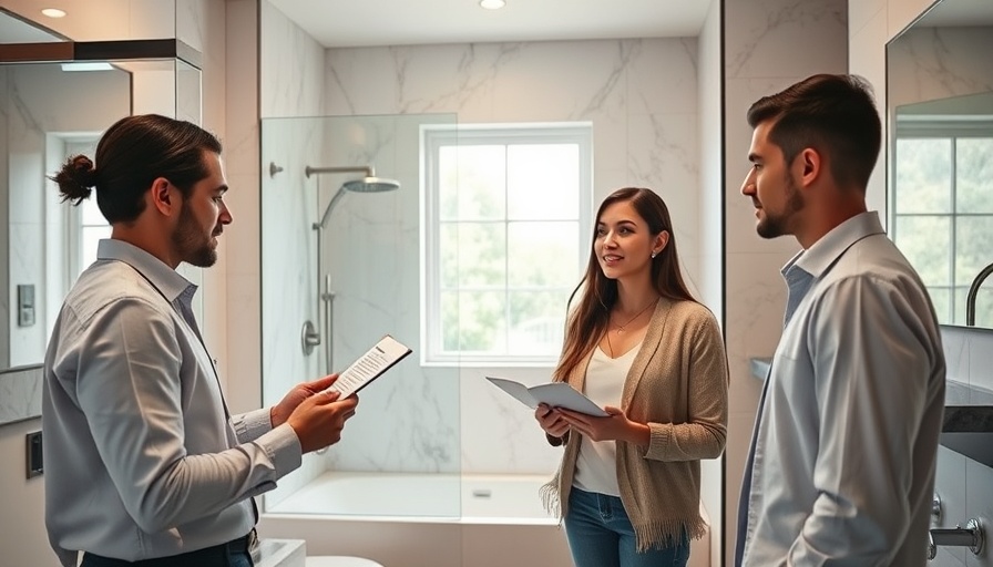 Real estate agent showing modern bathroom to couple in spec home.