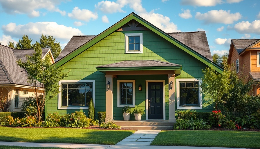 Modern green house surrounded by greenery in suburban neighborhood.