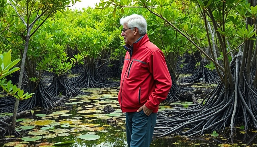 Man observing mangrove in wetland conservation area.