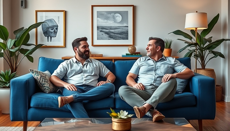 Relaxed men in modern living room, discussing self-care startup funding.