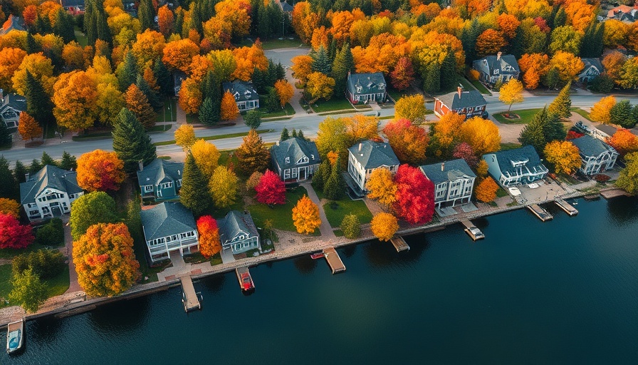 Aerial view of houses by a lake surrounded by autumn trees, check if my house is in a flood zone.