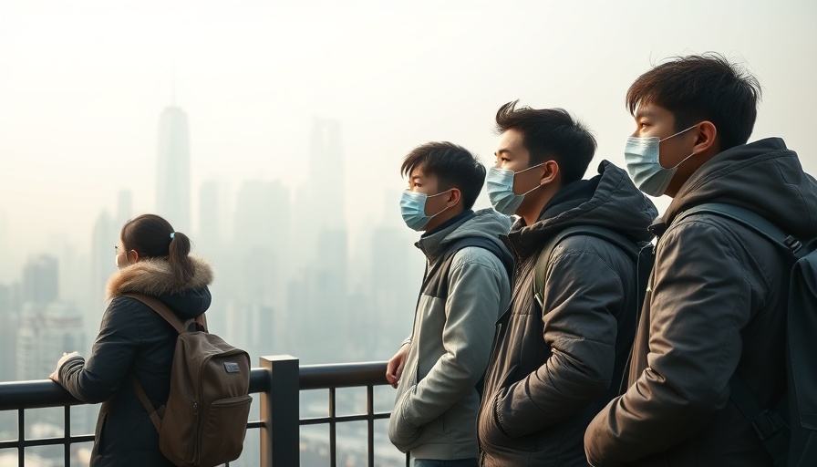 Group observing China city skyline amid air pollution shift.