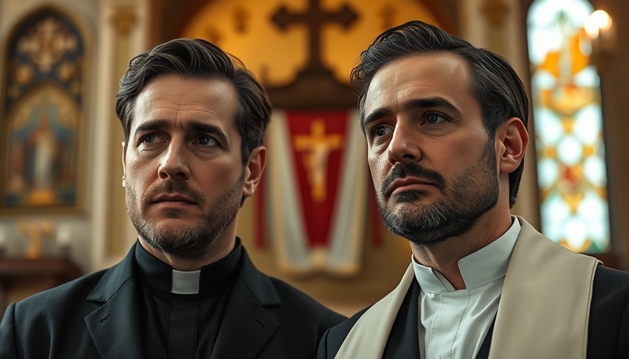 Two men with solemn expressions, contrasting backgrounds