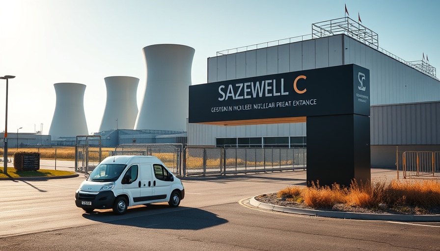 Sizewell C nuclear plant entrance with van and sign on sunny day.