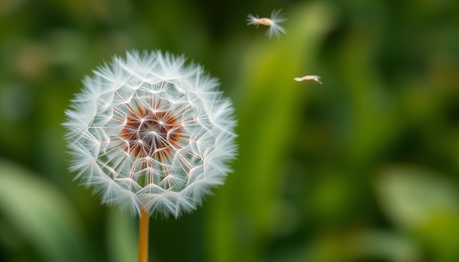 Dandelion puff for weed identification in blurred garden.