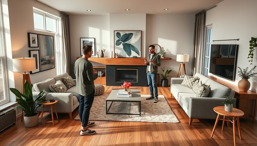 House hunting tips discussion in modern living room.