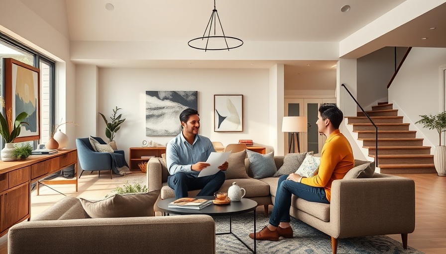 Modern living room with people discussing essential house hunting tips for buyers.