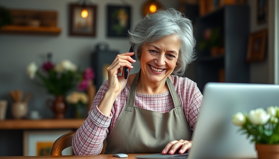 Older woman discussing working capital loans over phone in cozy workspace.
