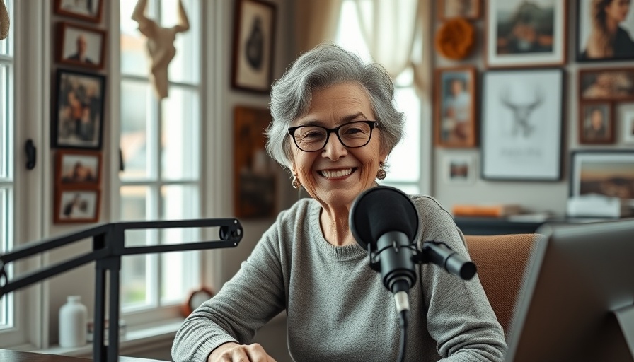 Senior woman podcasting in a cozy home office, representing senior living communities.