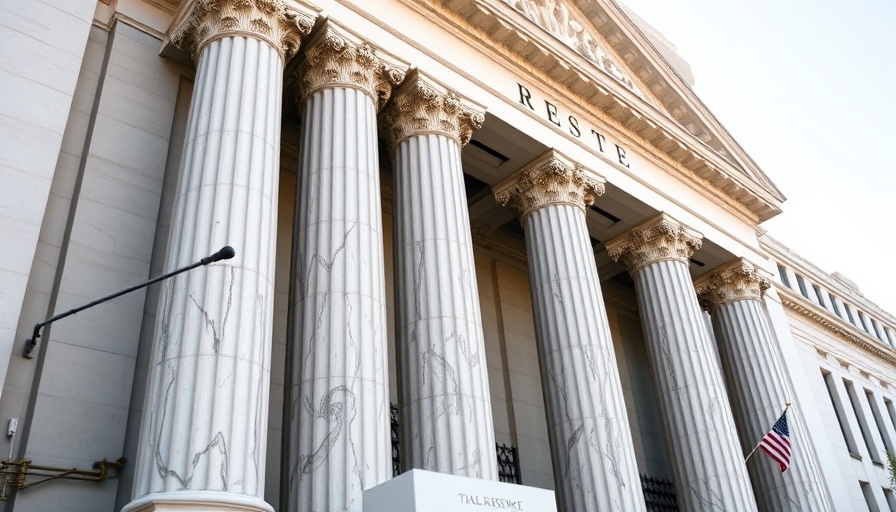 Stately facade of Federal Reserve building with marble columns.