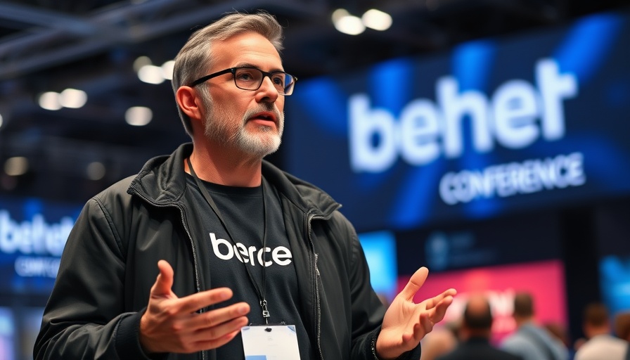Middle-aged man speaking at conference, tech backdrop.