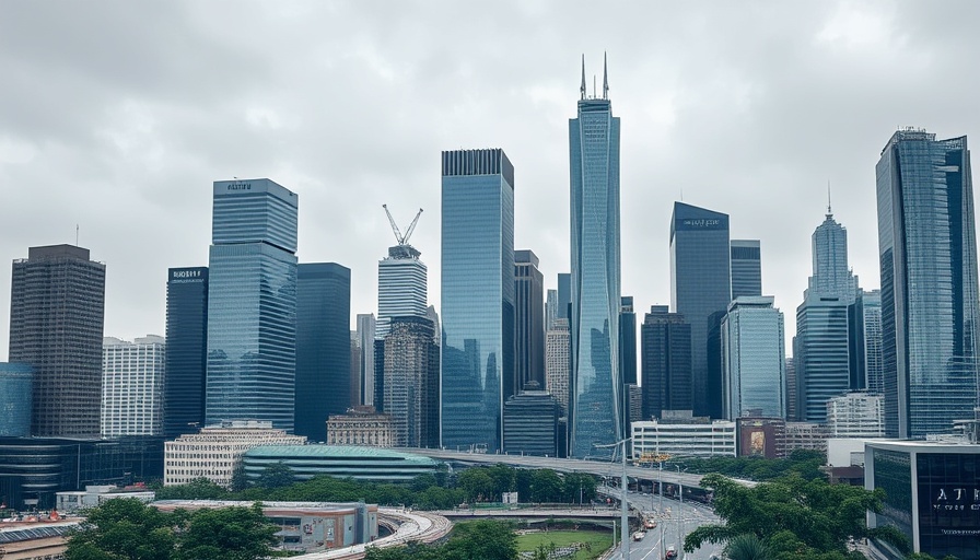 Modern skyscrapers symbolizing corporate climate action in an urban setting.