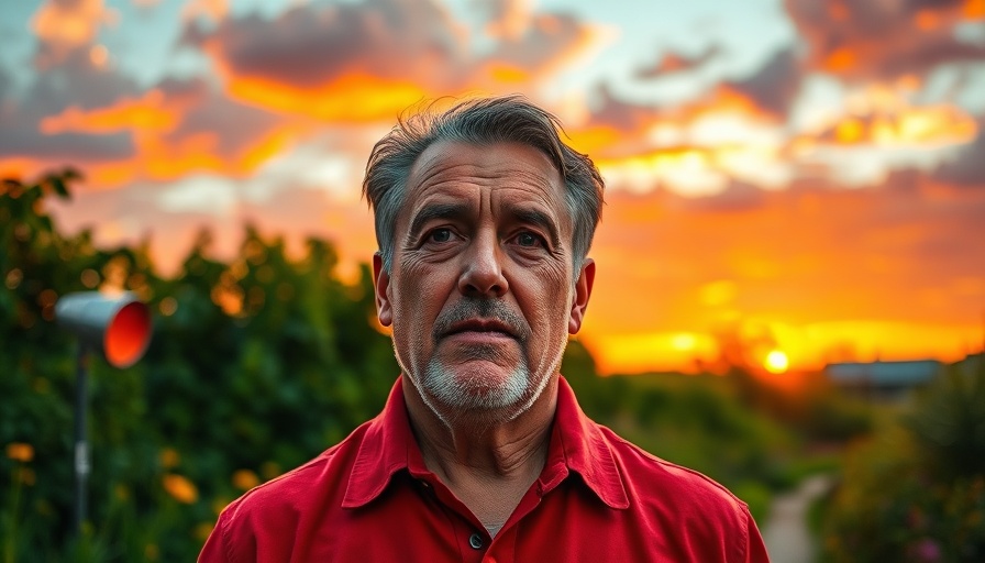 Middle-aged man in red shirt at sunset garden, vibrant background.