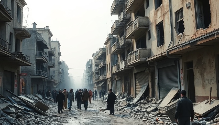 People assess damage in war-torn street amidst debris.