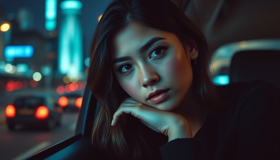 Gen Z individual reflects on college choices in night cityscape.