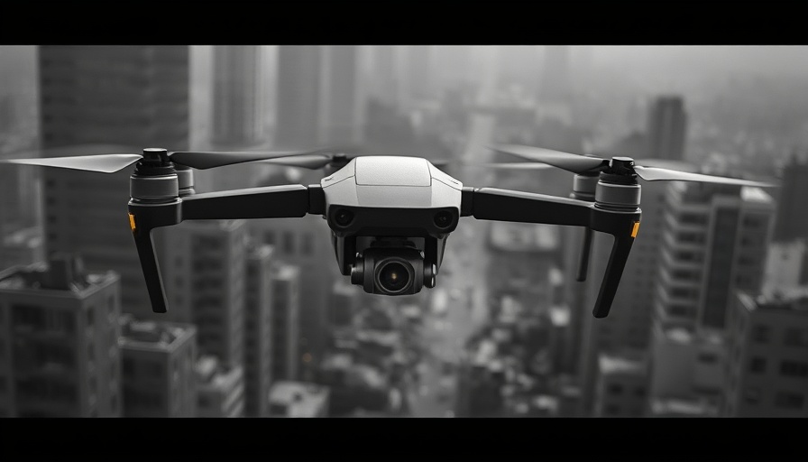 Drone over urban ruins, illustrating modern warfare.