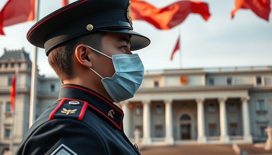Guard with mask in front of China government building, US-China exit bans business impact.