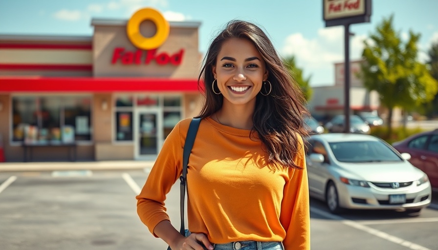 Confident woman outside California fast-food restaurant, exploring business challenges.