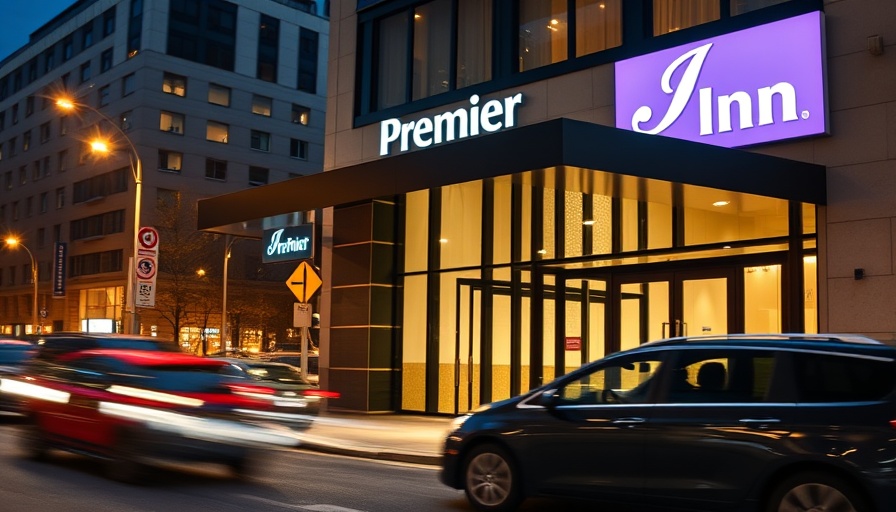 Premier Inn entrance at night with urban traffic blur.