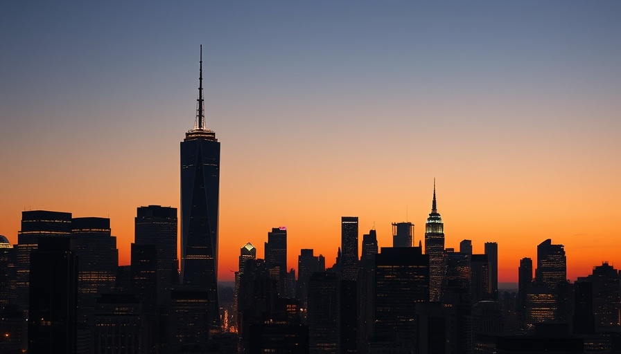 Twilight skyline of modern city with iconic towers, engaging silhouette.