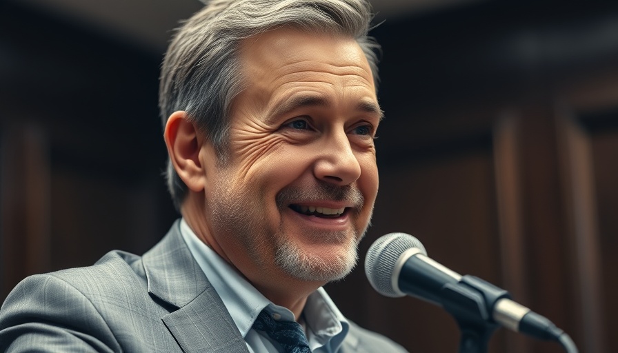 Confident mature man speaking at microphone in formal setting.