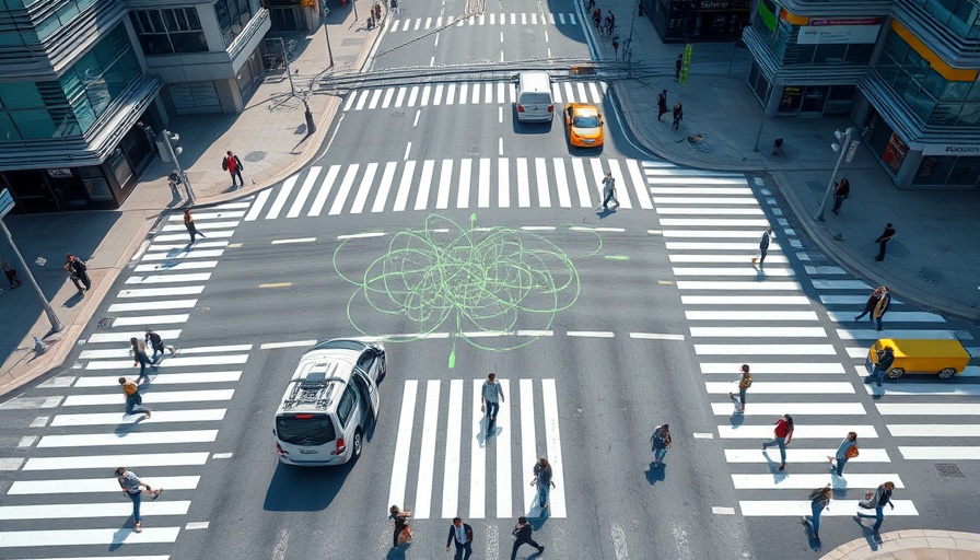 Autonomous vehicles and pedestrians at a futuristic urban intersection.