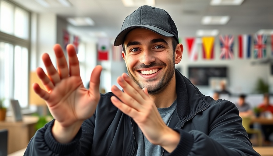 Casual man in office playfully rolling eyes, expressing control.