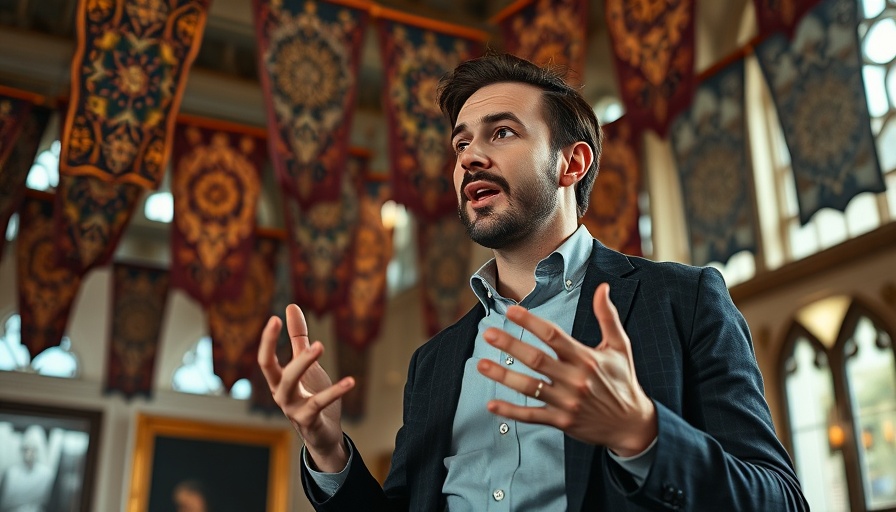 Casually dressed man speaking with gestures in a room with flags.