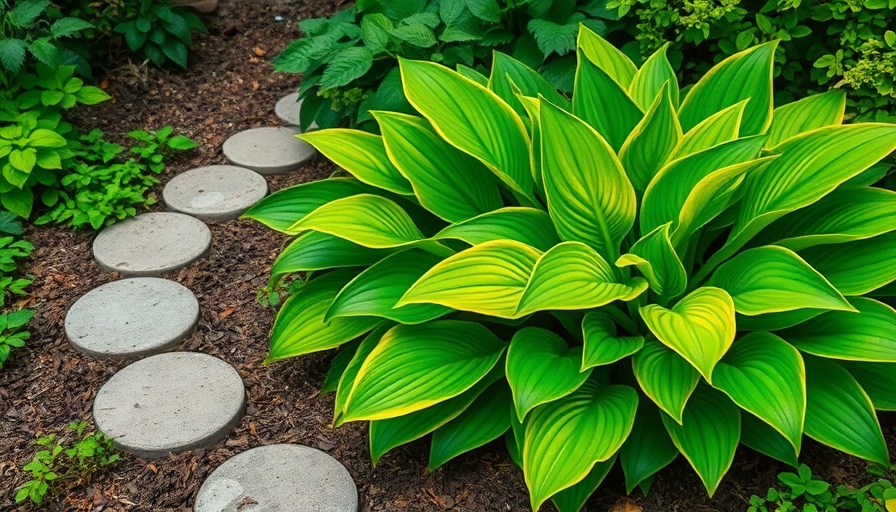 Hosta plants with stepping stones create deer-resistant garden.
