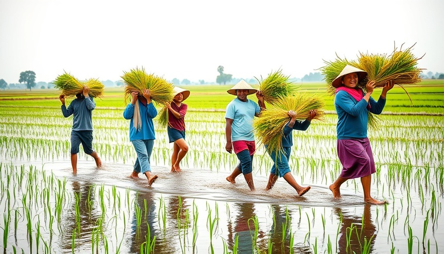 Farmers utilizing traditional agriculture in a flooded field, illustrating natural methods over synthetic fertilizers.
