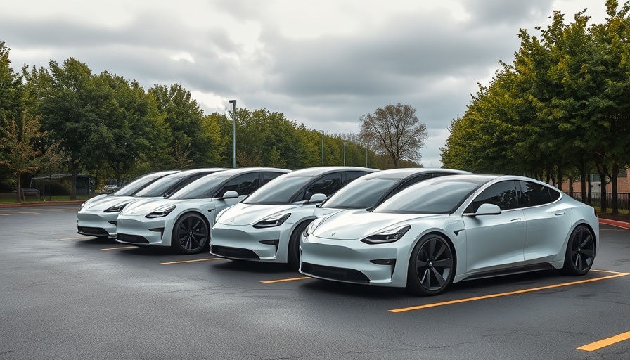 Tesla Cybertrucks lined up in a parking lot under cloudy skies.