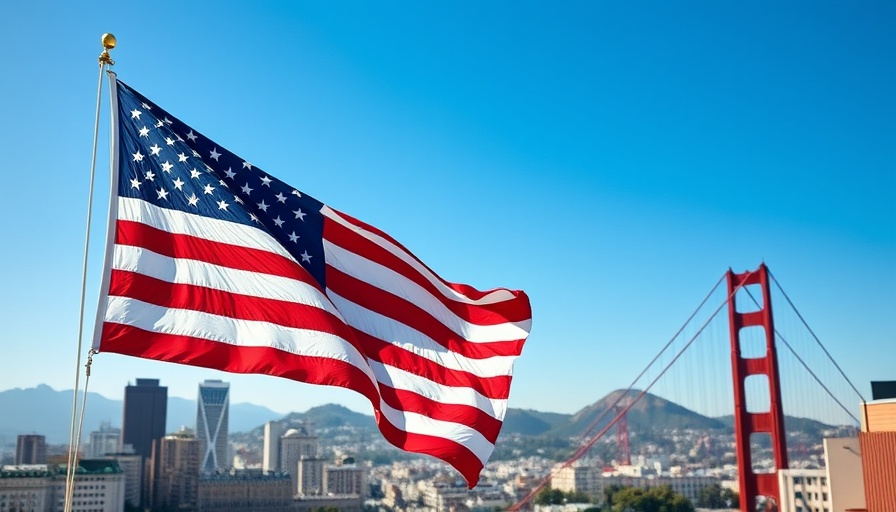 American flag waving above Golden Gate Bridge in clear blue sky.