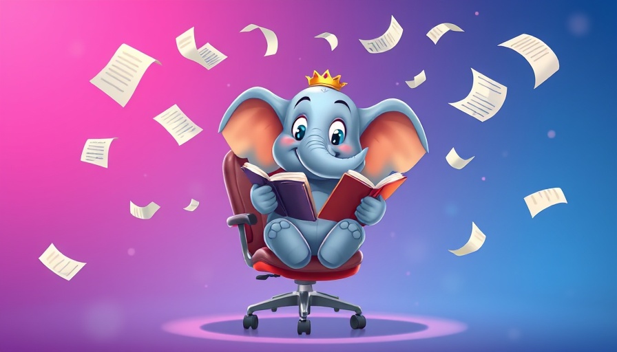 Cartoon elephant engaging in reading amidst vibrant flying papers, symbolizing Mastodon in-app donations.