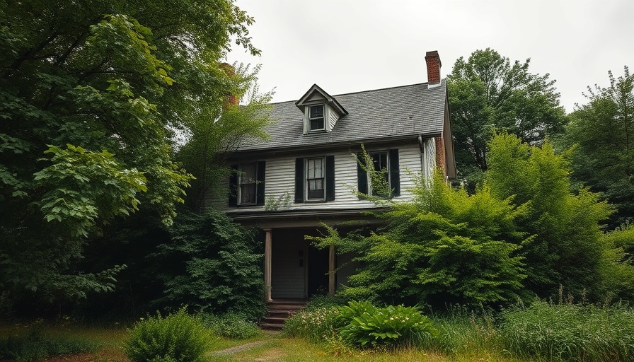 Abandoned home overgrown with foliage, ideal for buying.