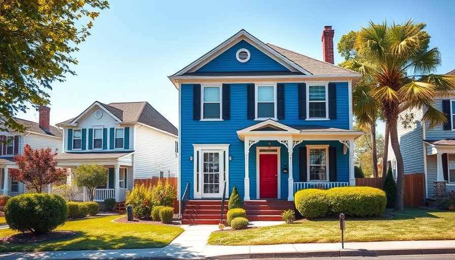 Charming rent-to-own home with blue exterior and red door.