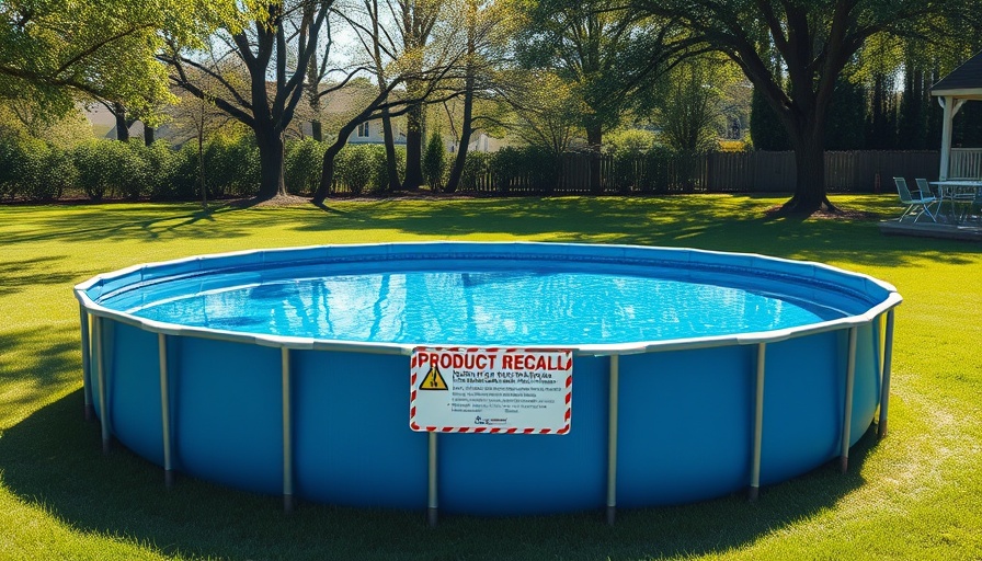 Above-ground pool with product recall warning in sunny backyard.