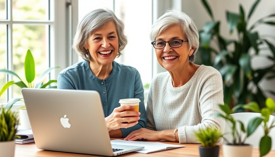 Smiling senior woman with coffee in a cozy home office.